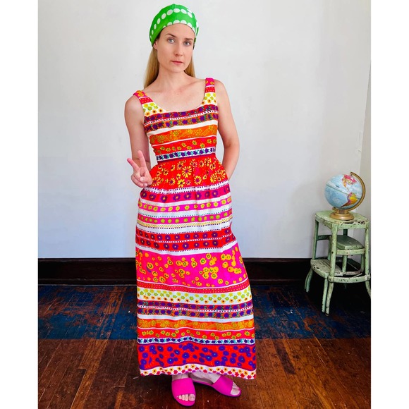 Vintage 60s 70s Psychedelic Hippie Floral Maxi Sleeveless Dress / Small - Picture 3 of 9